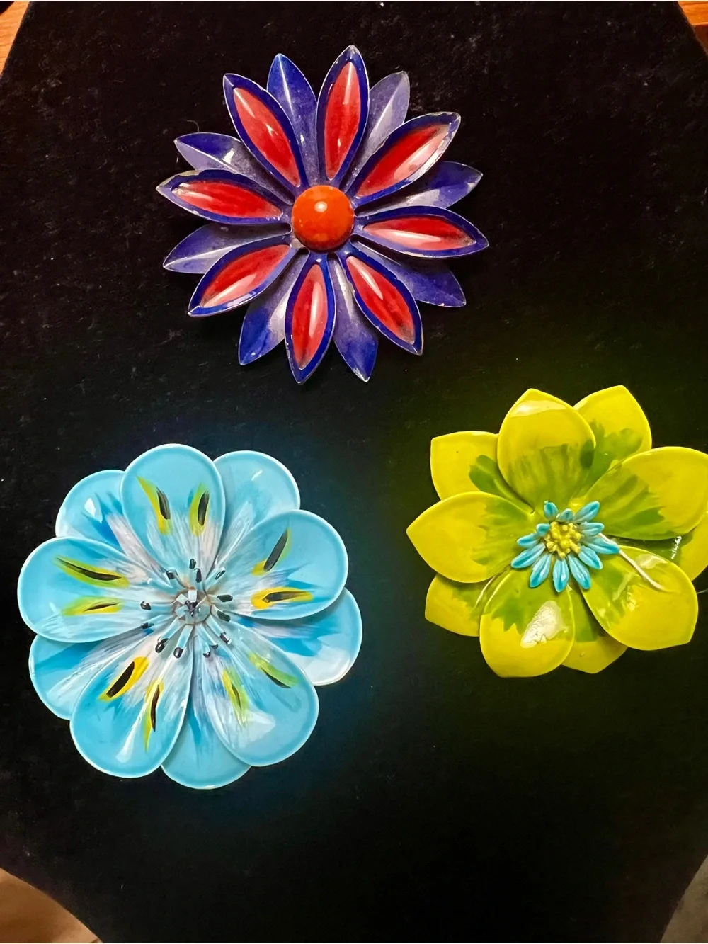 Vintage Three-Piece Floral Brooch Trio - Yellow, Blue & Red
